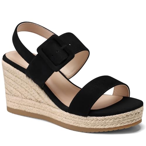 Image of TEMOFON Espadrilles Wedge Sandals for Women: Slip On Elastic Ankle Strap Platform Sandals Dressy Comfortable Summer Wedges Heels Shoes