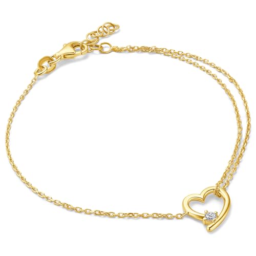 MIORE Bracciale Donna Argento Sterling 925 Placcato Oro 18K, Braccialetto a Cuore, Zircone e Cuore su Catenina da 19 cm (con Estensione da 2 cm) Gioielli Made in Italy, con Custodia Portagioie