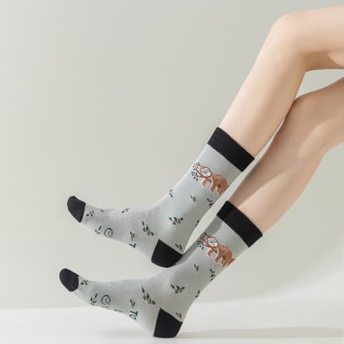 Image of 5 Pairs Cute Animal Crew Socks Fun Casual Cotton Calf Socks for Women (US, Alpha, One Size, Regular, Regular, Sloth)