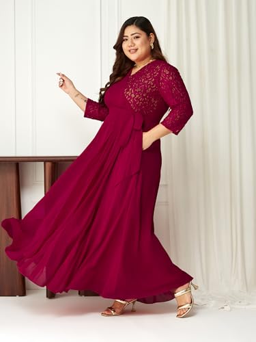 Image of Miss Chase A+ Women's Floral Printed Relaxed Fit V -Neck 3 /4Th Sleeve Georgette Maxi Dress