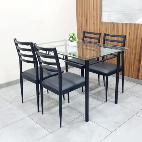 Image of Metal Dining Table Set 4 Seater with 12 mm Thick Clear Toughened Glass Top | Dining Table and Chair Set for Home Kitchen & Dining Room (Black, 4 Seater 2.5 x 4 feet)