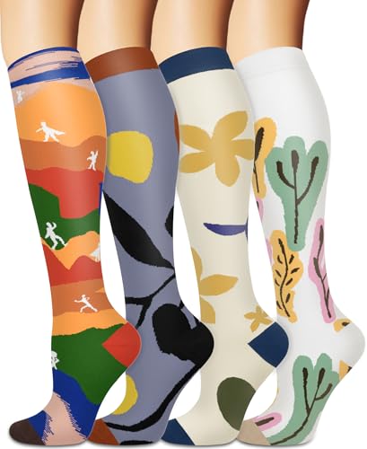 Sooverki Compression Socks for Women and Men Circulation (4 Pairs) is Best Support for Running Athletic Knee High Stockings Fun Fashion Plant Print Pattern Arch Soft Gifts
