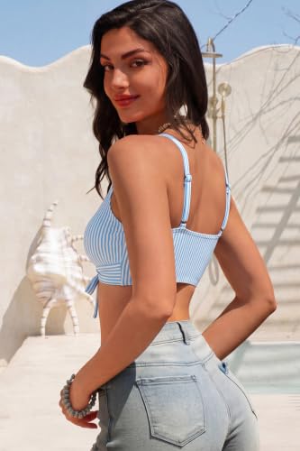 Herseas Women's Striped Bikini Top Lace Up Sexy Push Up Padded Adjustable Strap Bathing Suit Tops Athletic Cut Out Tunnelled Tie Front Vintage Swimsuits Tops Blue 2026 Summer Pool Swimwear XX-Large — view 4