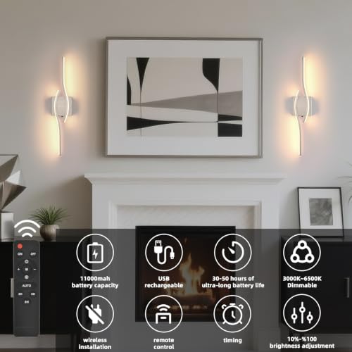 Image of Battery Operated Wall Sconce, Brushed Nickel USB Rechargeable Wireless Sconces set of 2, LED Dimming Wall Lamp 3 Color /Timer /Memory, Silve 23.6 Inch Wall Lights for Bedroom Living Room Hallway
