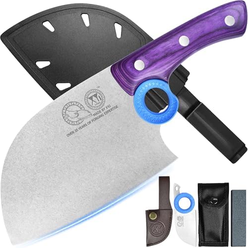 XYJ Authentic Since 1986,Heavy Duty Large Meat Cleaver,Serbian Chef Butcher Knife with Case,Chefs Vegetable Kitchen Knife,Full Tang for Outdoor Camping,Wood Handle with Sheath