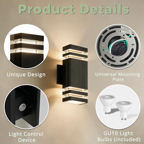 Image of JYV Dusk to Dawn Outdoor Wall Lights,Up and Down Square Porch Lights,Black | Aluminum Exterior Lighting Fixtures Wall Mount with 2x7W 3000K Bulbs, Waterproof Outdoor Lights for House Porch Patio Garage