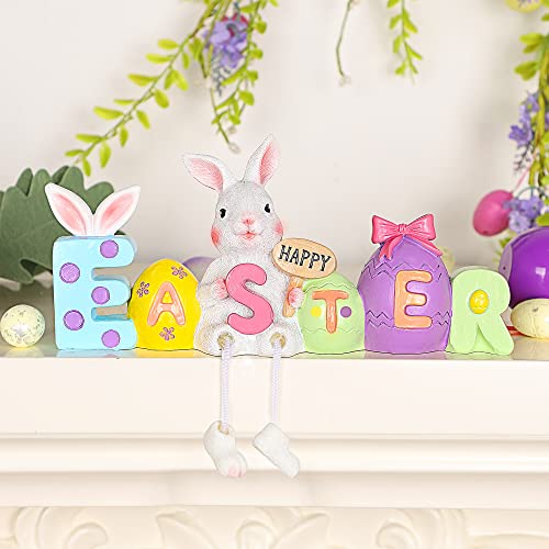 Lulu Home Easter Tabletop Ornament, 8.3" L X 5.9" H X 2" W Resin Bunny Shelf Sitter With Dangling Legs, Adorable Happy Easter Rabbit Statue With Easter Eggs For Spring Indoor Decorations #TOP4