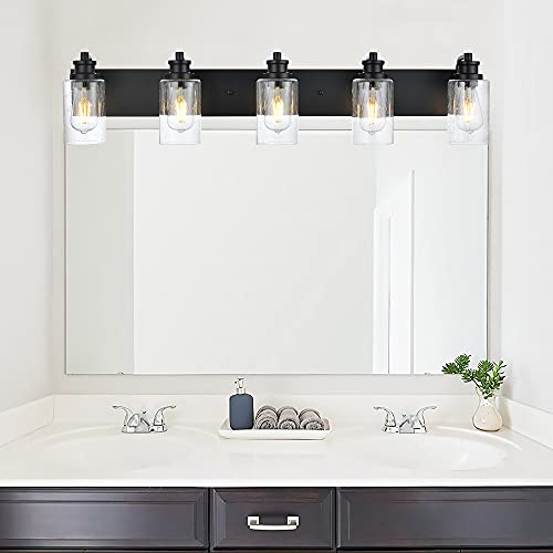 Image of 5-Light Bathroom Light Fixtures, 37 inch Black Bathroom Vanity Light with Seedy Glass Shades, Farmhouse Wall Sconces Lighting for Mirror, Hallway, Bedroom, Living Room