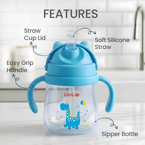 Image of LuvLap Joy Anti Spill Sipper for Kids with Twin Easy-Grip Handles, 270 ml, Sippy Cups with Soft Silicone Straw, Training Cup for Kids,Water Bottle, Non-Toxic & BPA Free, 1 Year+ (Blue)