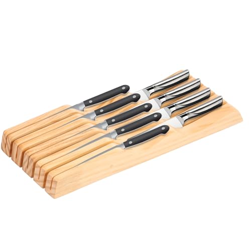 Porte-couteaux tiroir 40 x 10,5 x 5 cm, bloc à couteaux tiroir pour 5 couteaux de rangement, bois naturel, porte-couteaux pour couteaux à steak, couteau à pain, couteau de chef, couteau en céramique