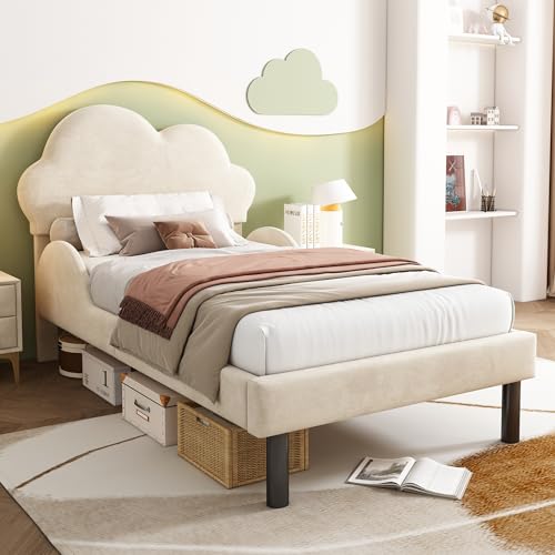Tcewhhy Cama acolchada de terciopelo suave de lujo con cabecero de nube, rieles laterales curvados y gran espacio de almacenamiento, 90 x 200 cm, color beige