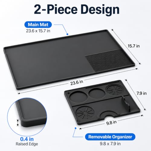 Image of SYINTAO Silicone Slushie Machine Mat with Drying Pad, 23.6 x 15.7 in | Black 2-piece silicone bar mat with raised edge, drain spout and detachable cup organizer for frozen drink and coffee makers