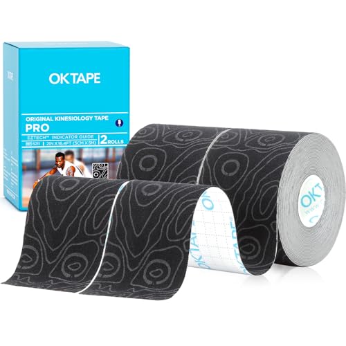 Image of OK TAPE Kinesiology Tape PRO Uncut Latex Free Tape 2in x 16.4ft 2Rolls | Sensitive Skin Friendly Latex Free Hypoallergenic Athletic Tape Roll for Muscle Joint Knee Waterproof Black+Black