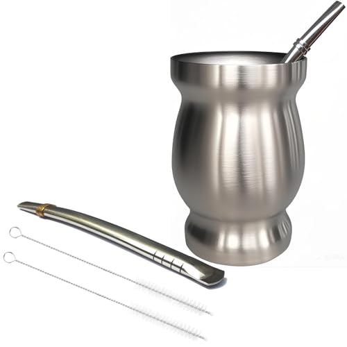 Image of Beruth 8oz Yerba Mate Cup, Double Wall 304 Stainless Steel Mate Gourd, Heat Insulated Mug & Anti-Scalding Design, Includes 2 Straws & Cleaning Brush (Silver)