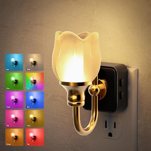 Image of JandCase Night Light, Color Changing Night Lights Plug into Wall RGB | Glass Tulip LED Nightlight, Dimmable Flower Nightlights, Dusk to Dawn Sensor, 180 Rotating Vintage Nite Light for Bathroom