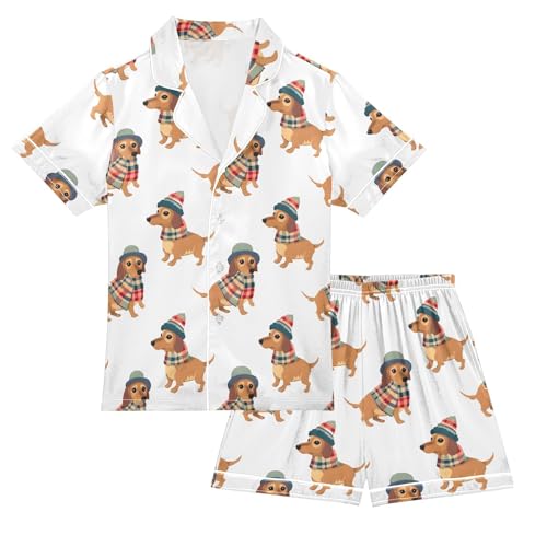 ALAZA Cute Stylish Dachshund Dog Satin Pajamas Set Short Sleeve Button Down Sleepwear Summer Pjs 2 Piece