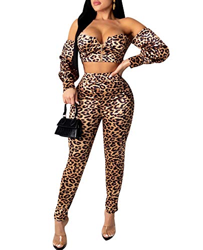 Rela Bota Women's 2 Piece Outfits Pants Set - Long Sleeve Crop Top and Pants Jumpsuit Leopard Print Clubwear Off Shoulder S
