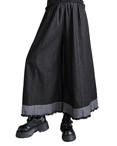 ellazhu Women's Skirt Wide Legs Elastic Waist Black and Grey Flowy Hem Baggy Loose Oversize GZ264 A