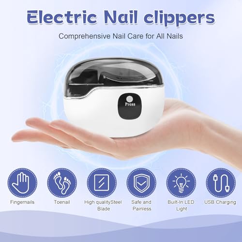 Elektrischer Nagelknipser, 4 in 1 Nagelknipser Elektrisch mit Nagellampe, Einstellbarer Automatisch Nageltrimmer, Wiederaufladbarer Elektrische Nagelfeile für Kinder, ältere Menschen, Erwachsene
