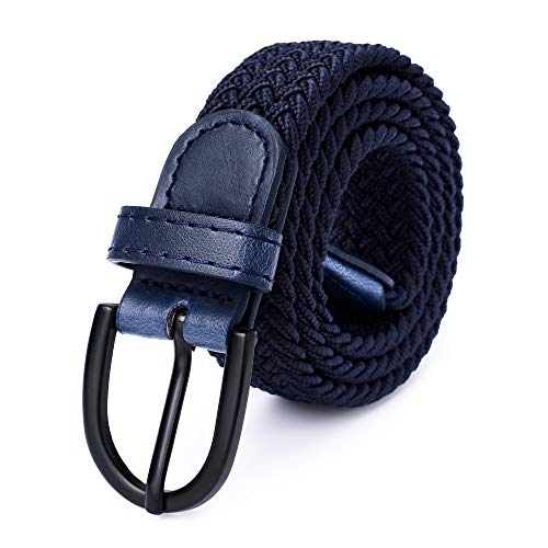Mile High Life Junior geflochtene elastische Stretchgürtel | Dornschnalle | PU Loop-Endspitze | Jungen Mädchen | 2,5 cm breit (Navy, X-Small 46cm (61cm Length))