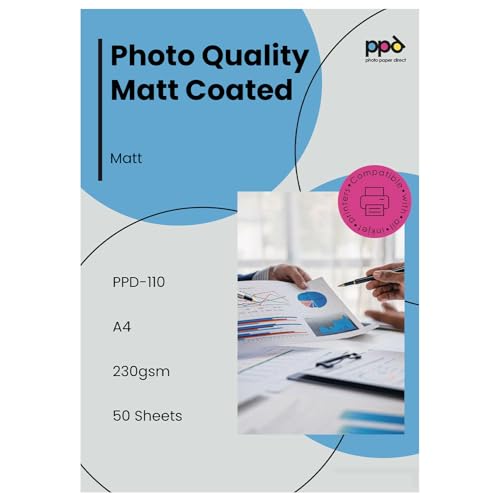 PPD Inkjet - A4 x 50 Hojas de Papel Artístico de Calidad Fotográfica Profesional Mate 230 g/m² - Secado Instantáneo - Para Todas Impresoras de Inyección de Tinta - PPD-110-50