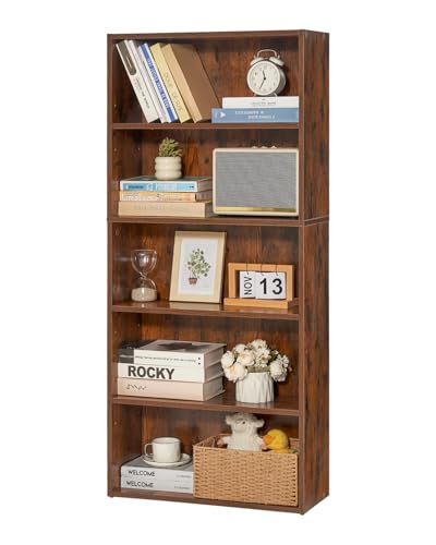 Image of VEVOR 5 Tiers Narrow Bookshelf, 53 in Wooden Open Bookcase with Height-Adjustable Shelf, Freestanding Tall Display Storage Floor Bookcase Bookshelf for Library, Bedroom, Living Room, Office, Brown