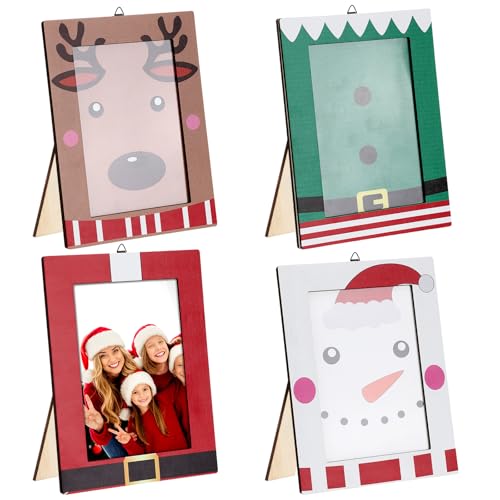 Qunclay 4 Pcs Christmas Picture Frame 4 x 6 Inch Christmas Photo Frame Santa Snowman Elf Deer Wood Photo Holders Wall Hanging Tabletop Picture Display for Xmas Family Gifts Home Party Decorations