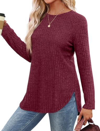 Image of Saloogoe Long Sleeve Shirts for Women 2025 Fall Clothes Tunic Tops Loose Fit Dressy Crewneck Pullover Sweaters Curved Hem