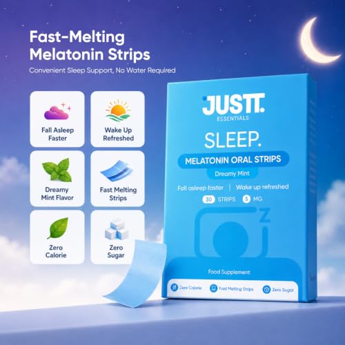 Image of JUSTT ESSENTIALS Sleep Melatonin Oral Strips | Melts Into Restful Sleep | Dreamy Mint Flavour | 5mg | Bedtime Wellness | Vegan Sugar Free | 30 Strips
