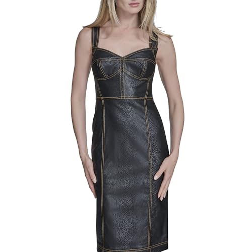 BCBG Women's Sleeveless Sweatheart Neck Denim Sheath Midi Dress