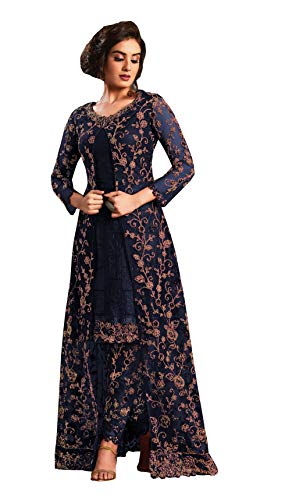 Delisa Ready to Wear Patiala Salwar Embroidered Cotton Salwar Kameez Suit for Womens 012 (Blue, MEDIUM-40)
