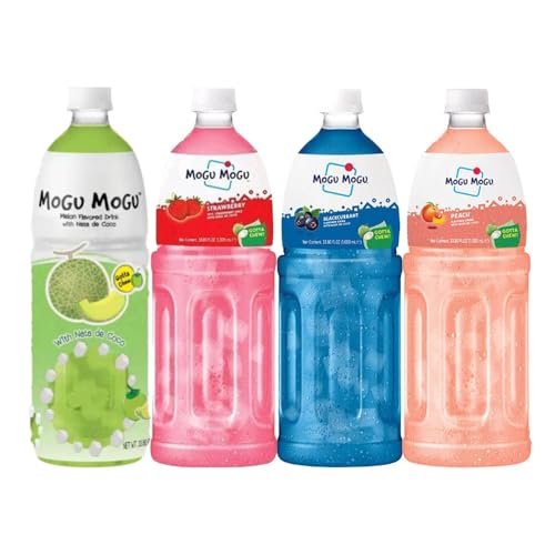 Mogu Mogu Assorted 4 Flavours Fruit Juice with Nata De Coco 1Litre Bottle (Pack of 4) HALAL