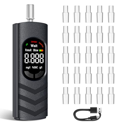 Suevut Alcoholímetro Digital Portátil con Pantalla LCD, Medidor de Alcohol en Aliento Recargable por USB, Alcohotest para Autocontrol, con 25 Boquillas