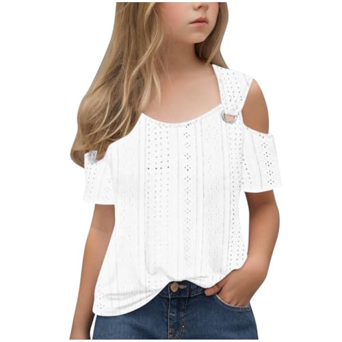 5-6 Years Baby Girls Shirts Tops 2025 Summer Fashion Hollow Out Cold Shoulder Short Sleeves Loose Comfy T-Shirts White