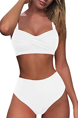 Sovoyontee Women's 2 Pieces High Waisted Bikini Set Ruched Swimsuit Bathing Suits, White, M