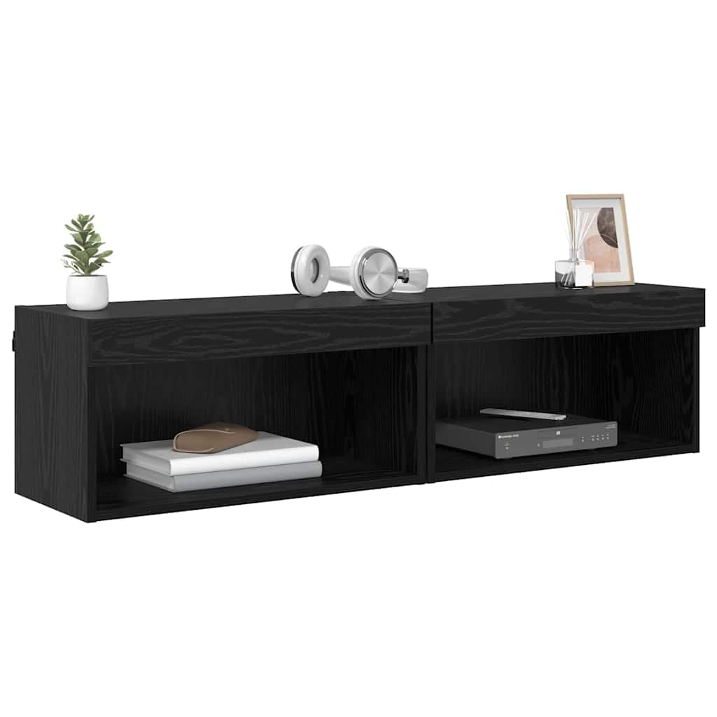 Gabinete LED de pared madera ingenierizada para sala moderna Negro 13.46 | Conjunto de mueble de TV 2 uds. Roble Negro Montaje en Pared con Luces LED USB para Salón Moderno con Estantes y Puertas,