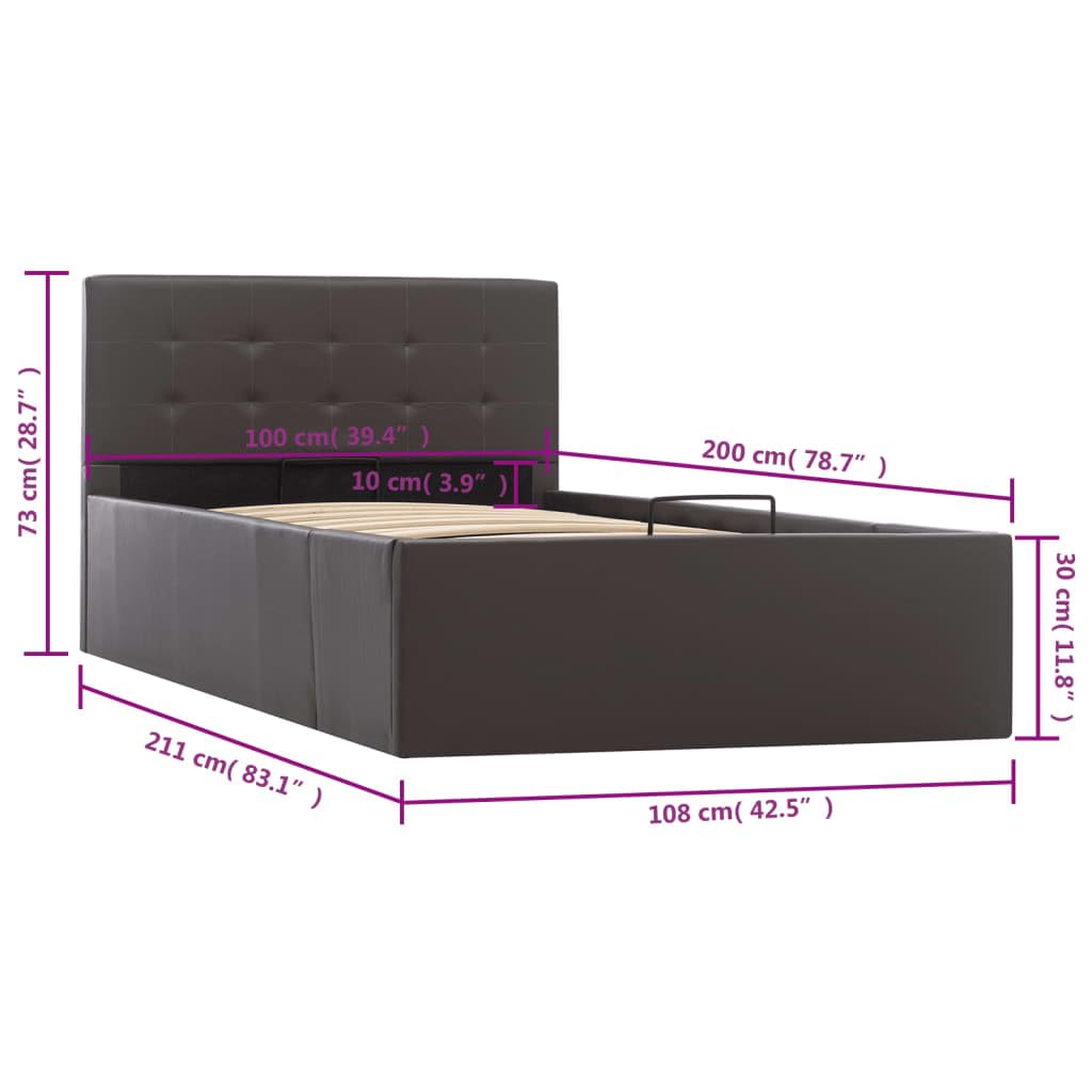 vidaXL Giroletto Idraulico con Contenitore Moderno Salvaspazio Robusto a Doghe Letto Imbottito Struttura Telaio Grigio in Similpelle 100x200cm