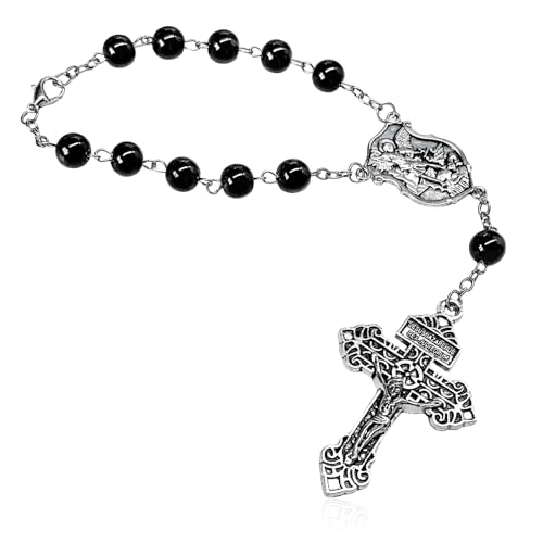 Fkewp Saint Michael Evil Protection One Decade Catholic Rosary, Terra Jerusalem Medal Car Hanging Ornament with Crucifix, Christian Rosary Rearview Mirror Decoration for Most Vehicles
