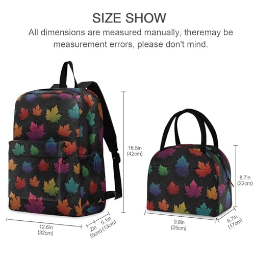 Colored Maple Print Backpack Set with Lunch Bag, Large Capacity Travel Backpacks and Lunch Box Insulated for Commute Hiking Picnic2