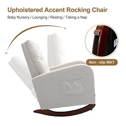 Rocking Chair Modern,Upholstered Glider Rocker Chair For Nursery,Comfy Armchair With Side Pocket For Living Room (White) #TOP4