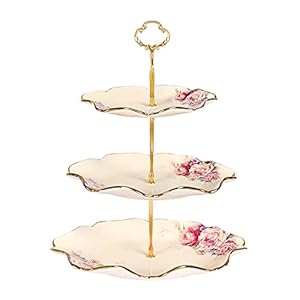 fanquare 3 Tier Bloemen Porseleinen Taartstandaard, Lotus-Vormige Serveerstandaard met Metalen Stangen Goud, Etagère voor Verjaardag, Bruiloft, Theekransje, Baby Douchen, Feestje