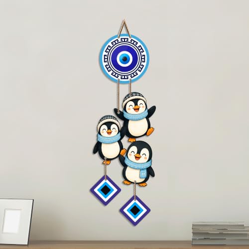 Image of Artvibes Penguin Family Evil Eye Wall Hanging Decor for Kids Room | Living Room | Bedroom | Cute Nazar Battu Protection Ornament | Positive Energy Wall Accent Gift (WH 85147N)