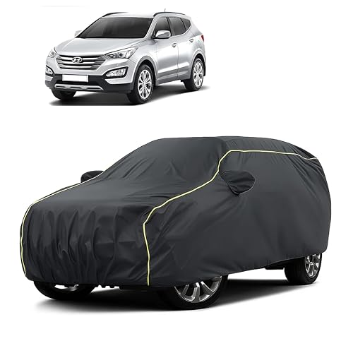 Image of Sulfar 100% Water Resistant Car Body Cover Compatible with Mirror for Hyundai Santafe (Triple Stitched, Full Bottom Elastic, Dark Grey Taffeta with Yellow Piping)