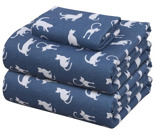 ZOYER Flannel Sheets Twin XL Size - 100% Cotton Double Brushed Twin XL Sheet Sets Deep Pockets 16 Inches All Seasons Breathable & Extra Soft Bed Sheets Warm & Cozy 3 Piece White Cat