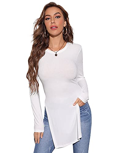 SheIn Women s Long Sleeve Split Hem Tunic Tee Top Round Neck Rib Knit Solid T Shirt White X-Large