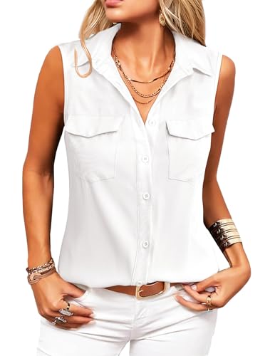 Zeagoo Sleeveless Button Down Shirt for Women Casual V Neck Blouses Solid Collared Tops Summer Dressy Shirts
