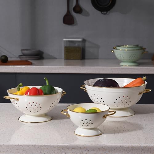 Metal Colander Set of 3, Strainer Basket with Handles perfect for Spaghetti, Pasta, Berry, Vegetable, Fruit, Solid Base Powder Coated Kitchen Essential Strainer Set, 1 & 3.5 & 5 Qt (Cream) - Thumbnail 6