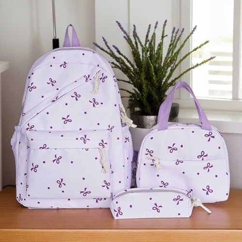 3-in-1 Bow Tie Aesthetic Bow Backpack with Lunch Bag and Small Case Cute Bow Backpack for Women Kawaii Preppy Nylon Rucksack3