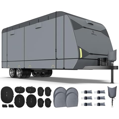 RVMasking 7 Layers Top Heavy Duty RV Travel Trailer Cover for 22'1"-24', Windproof Rip-Stop Anti-UV RV Cover with 4 Tire Cover & Tongue Jack Cover, Dark Gray Cover