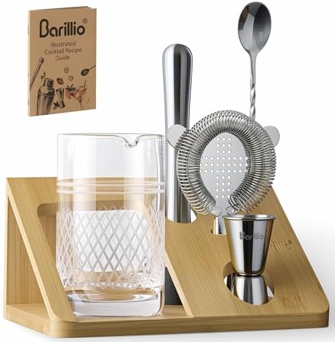Barillio 20 Oz Crystal Cocktail Mixing Glass with Bamboo Stand & Bar Tools | Seamless Lead-Free Crystal, Weighted Base Stirring Pitcher | Including Muddler, Mixing Spoon, Jigger and Strainer - Thumbnail 2